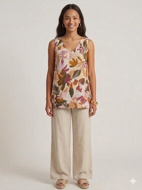 Joie Abstract Floral 100% Linen Tank in Earthy Colors Coastal Grandma Large